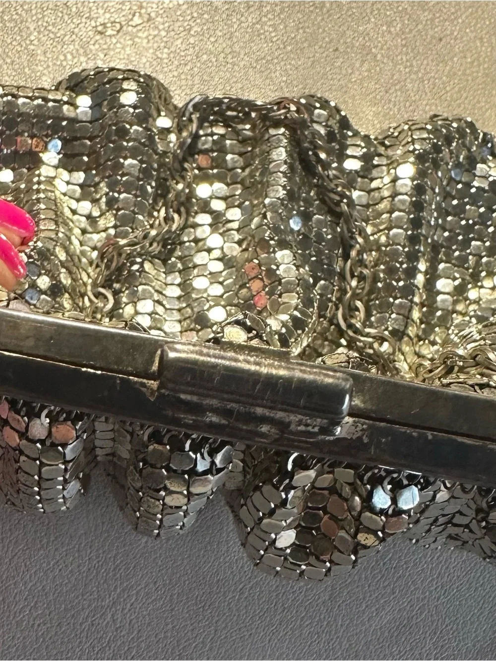 Whiting & Davis Vintage Silver Sequin Chain Wristlet Clutch